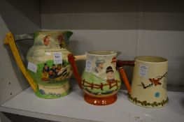 Large Crown Devon jug and similar musical jug and a musical tankard.