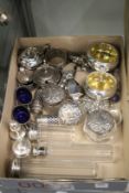 A pair of Georgian silver table salts, various other condiments and cut glass jars with silver