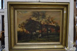 Rural scene with figures gathering wood outside country cottages, oil on canvas, in a decorative