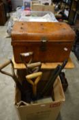 Gardening tools, an old projector, tin trunk, china, linen etc.