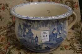 Blue and white decorated chamber pot.