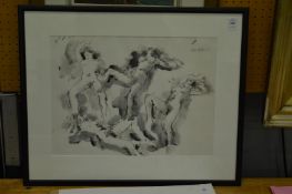 Peter Collins, study of a female nude in four positions, ink and watercolour, framed and glazed.