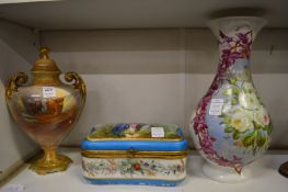 A Worcester style twin handled vase and cover decorated with cattle, a Continental porcelain box and