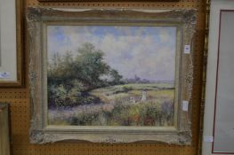 Paul Morgan, two figures picking flowers in a meadow with a country path and trees, oil on board,