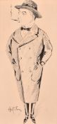 Alan Stern (1884-1974), an ink drawing of a gentleman in a bow tie and long coat smoking a