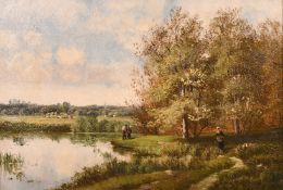 19th Century English School, wayfarers on a riverside path, oil on canvas, 15