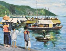 L. Y. Dong (20th Century), figures on a South East Asian quay, and another by the artist of a busy