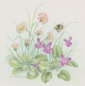 Ella Bruce (20th Century) Violets and other flowers with a bumble bee, watercolour, signed in