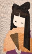 Kaoru Kawano (1916-1965), a woodblock print of a girl, signed with red seal, 14.75