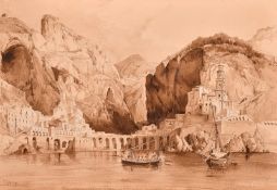 Giovanni Lanza (1827-1890) Italian, an Italian harbour with a monastery beneath cliffs, sepia