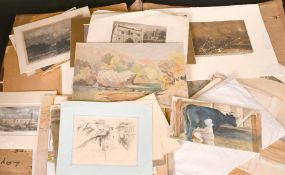 A folder of mostly 19th Century watercolours and drawings with some prints, (q).