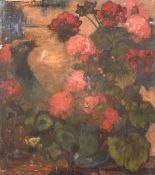 Circle of Frank Brangwyn, a still life study of red flowers and a large urn, oil on canvas, 30
