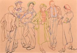 20th Century, a colour ink line drawing of figures conversing, signed with initials, S.G.S., 15
