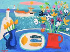 Alan Furneaux (b. 1953), 'Returning Fisherman', a still life in the foreground, oil on canvas,