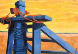 Lesley Giles (20th Century), view of a structure on a beach, oil on canvas, 22