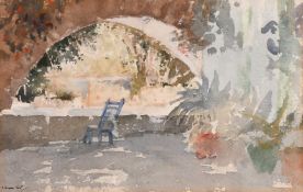Francis Russell Flint (1915-1977), a Continental balcony scene with a blue chair, watercolour,
