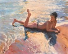 Giuseppe Dangelico Pino, a semi-nude girl lying in the surf, oil on canvas board, signed, further