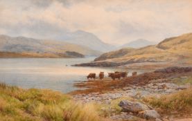Fred Williamson (1835-1900), Highland cattle at the edge of a loch, watercolour, signed, 9