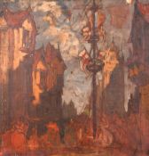 Circle of Frank Brangwyn, figures gathered in a town square, oil on canvas, 23.5