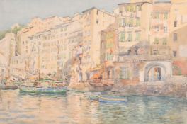 Bernard Cecil Gotch (1876-1964), boats moored in a Southern port, watercolour, signed, 9.5