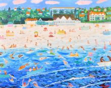 Alan Furneaux (b. 1953), 'Gilly Beach, Falmouth', figures playing in the sea, oil on canvas, signed,