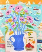 Alan Furneaux (b. 1953), a still life of flowers and a bowl of strawberries with boats beyond, oil