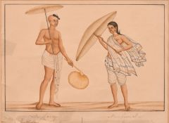 19th Century Company School, figures with parasols, watercolour heightened with gilt, indistinctly