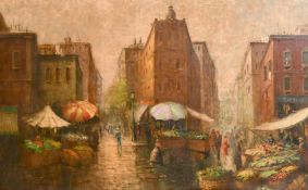 Early 20th Century Continental School, figures in busy city street with a marketplace selling