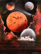 Outer space fantasy art, A Domed City, acrylic and airbrush, with incised signature, 18