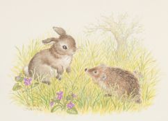Ella Bruce (20th Century) A bunny and hedgehog in the grass with violets, watercolour, signed in