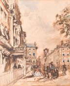 English School, Circa 1865, a busy street scene, possibly in France, ink and wash, signed with