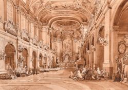 Edward Roskilly (19th Century), interior of a grand Italian cathedral, sepia watercolour, signed and