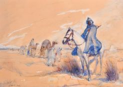 John Delisle Parker (1884-1962), a North African figure on horseback guarding a train of camels,