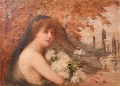 Auguste Fred Pierre Sezille des Essarts (1867-1950), French, a female figure holding flowers in a