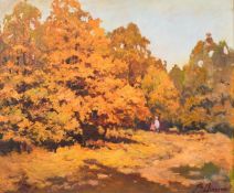 Viktor Dovbenko (20/21st Century), figures walking on a woodland path, oil on canvas, signed, 19.