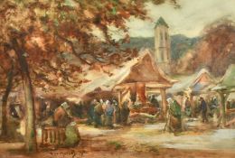 Thomas William Morley (1859-1925), figures in a busy Continental market, watercolour, signed, 11