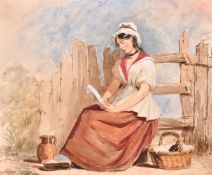 Attributed to John Absolon, a country girl seated on a stile reading a letter, watercolour, 11.5