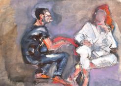 Contemporary School, a study of two seated figures, mixed media on paper, mostly oil, indistinctly