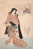 Utagawa Kunisada, Japanese, a lady standing with an open book of poetry, colour woodblock, signed