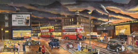 George Maybey, 'London 1950', figures in a busy street, watercolour and bodycolour, signed, 12.5