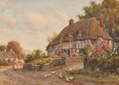 James W. Milliken (1865-1945), a pair of watercolour scenes of figures by cottages with gardens in