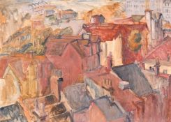 Modern British School, a collection of six oil on paper scenes of towns over rooftops, each 10