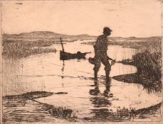Frank Weston Benson (1862-1951) American, a fisherman wading in shallow waters by a boat, etching,