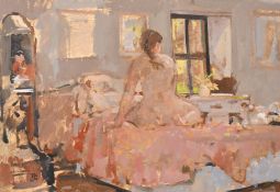 Tom Coates (1941-2023), female nude in the artist's studio, oil on board, 12