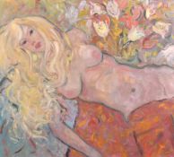 Kanwaldeep Singh Kang, signed Nicks (1964-2007) British, 'Blondie', a reclining nude, oil on canvas,