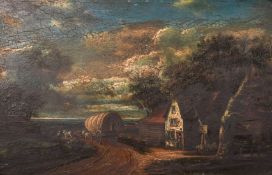 19th Century, Possibly American School, a pair of scenes of wagons on country paths, oil on board,