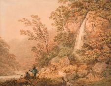 Attributed to George Nicholson (1787-1878), anglers by a waterfall, watercolour, 11.5