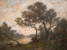 Circle of Daubigny, Barbizon School, scene of a female figure on a lakeside path, oil on panel,