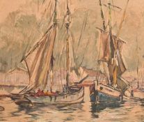 Reichmann, 20th Century, Probably American School, fishing boats in a harbour, oil on panel, signed,