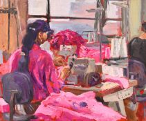 Geoffrey Beasley (20/21st Century), a seamstress surrounded by pink material, oil on canvas,